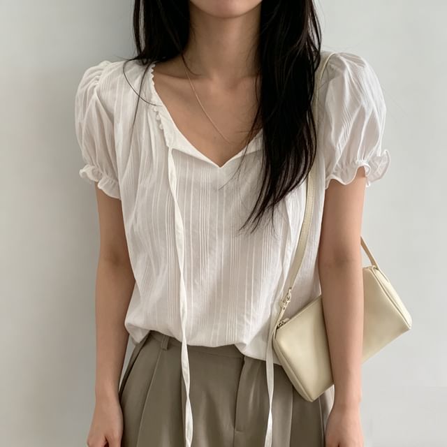 Puff Sleeve V-Neck Striped Ruffle Trim Loose Blouse