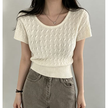 Short Sleeve Scoop Neck Solid Cable Knit Fitted Top