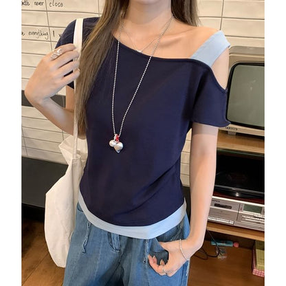 Color-Block Fitted Tee with Short Sleeves