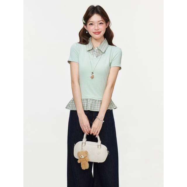 Ruffled Hem Blouse with Plaid Panels and Short Sleeves