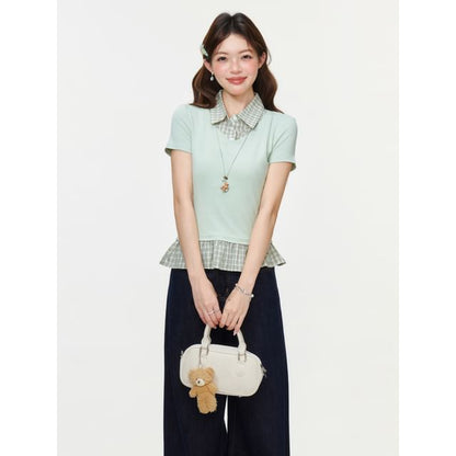 Ruffled Hem Blouse with Plaid Panels and Short Sleeves
