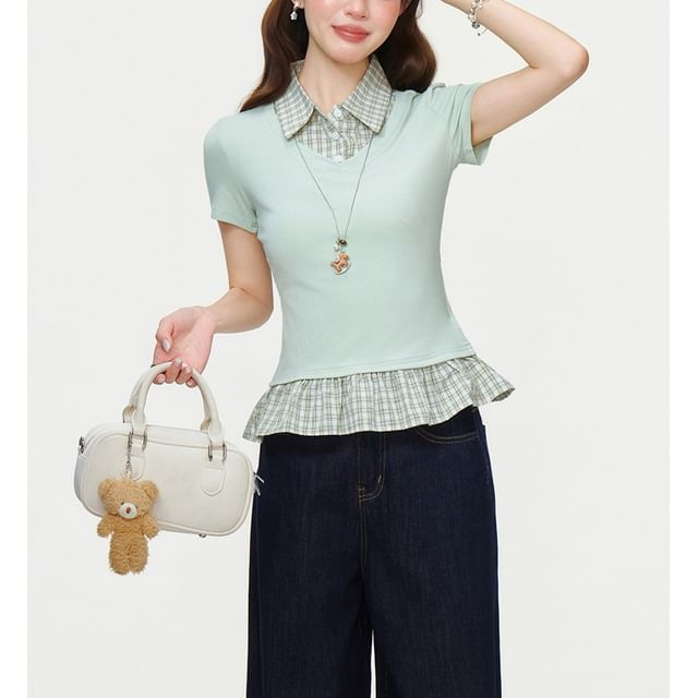 Ruffled Hem Blouse with Plaid Panels and Short Sleeves