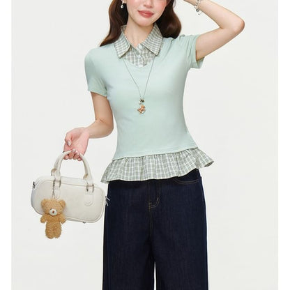 Ruffled Hem Blouse with Plaid Panels and Short Sleeves