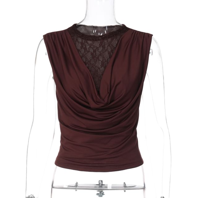 Cowl Neck Lace Panel Ruched Slim-Fit Tank Top
