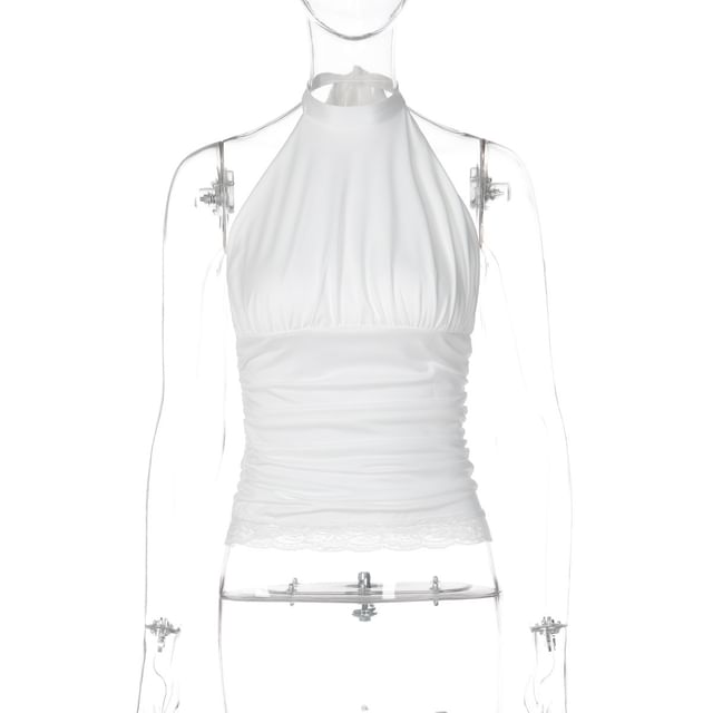 Halter Neck Plain Ruched Lace-Trim Crop Tank Top