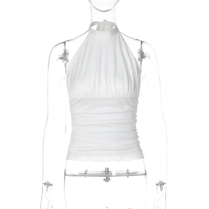 Halter Neck Plain Ruched Lace-Trim Crop Tank Top