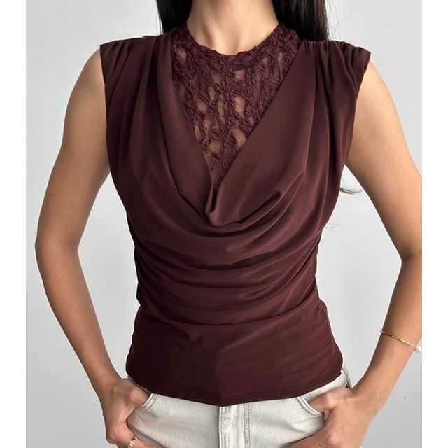 Cowl Neck Lace Panel Ruched Slim-Fit Tank Top