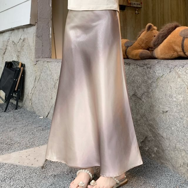 High Waist Gradient Satin Maxi A-Line Skirt