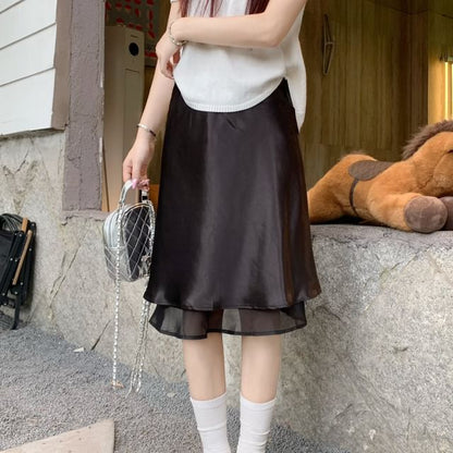 High Waist Plain Layered Satin A-Line Skirt