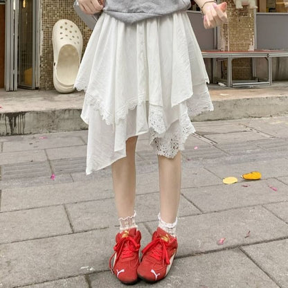 High Waist Asymmetrical Lace Panel Layered A-Line Skirt