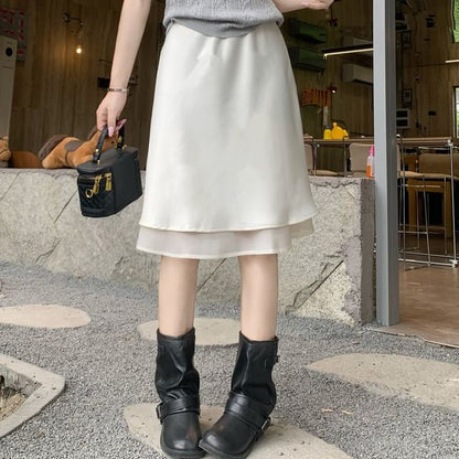 High Waist Plain Layered Satin A-Line Skirt