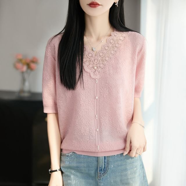 Short-Sleeve V-Neck Lace Trim Plain Knit Top
