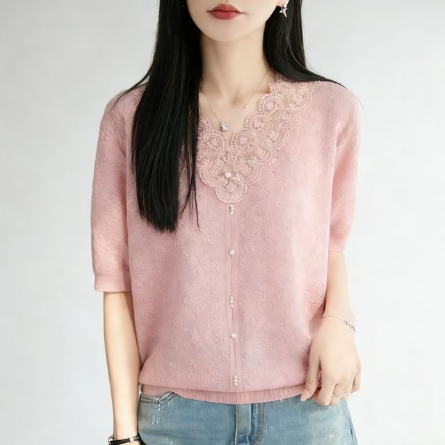 Short-Sleeve V-Neck Lace Trim Plain Knit Top