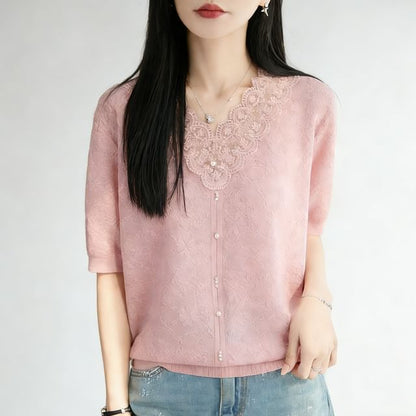 Short-Sleeve V-Neck Lace Trim Plain Knit Top