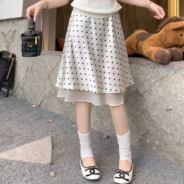 High Waist Polka Dot Overlay Midi A-Line Skirt