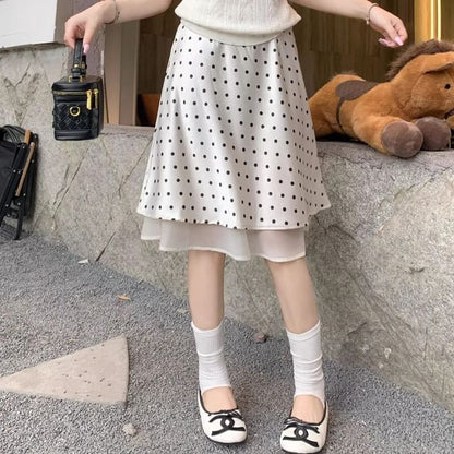 High Waist Polka Dot Overlay Midi A-Line Skirt