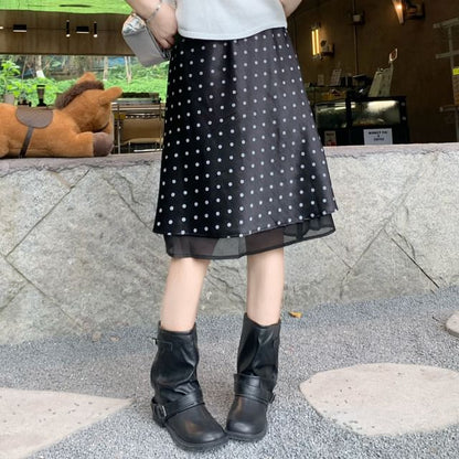 High Waist Polka Dot Overlay Midi A-Line Skirt