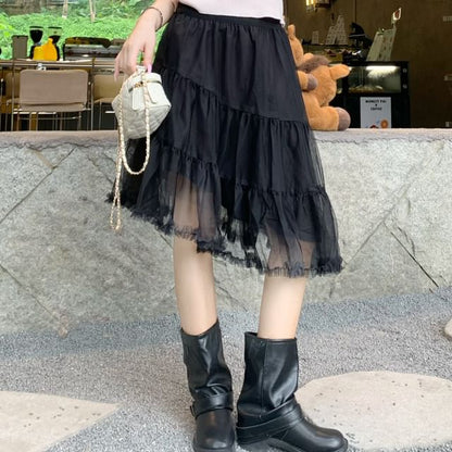 Mid Waist Asymmetrical Sheer A-Line Skirt