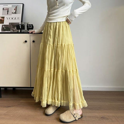 Mid Waist Plain Maxi A-Line Skirt