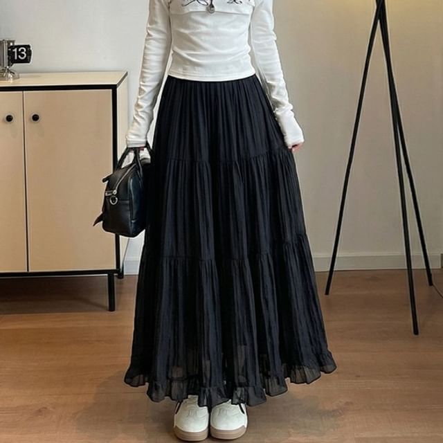 Mid Waist Plain Maxi A-Line Skirt