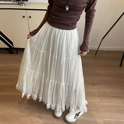 Mid Waist Plain Maxi A-Line Skirt
