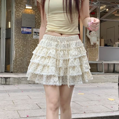 High Waist Micro Dotted Tiered Lace Trim Mini A-Line Skirt
