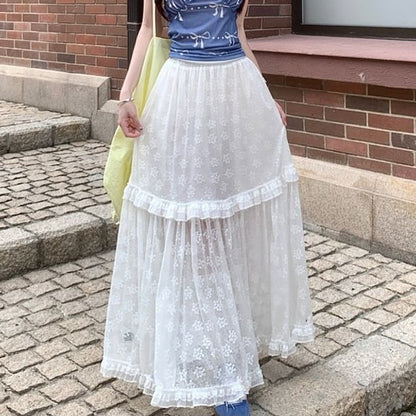 High Waist Plain Ruffle Panel Lace Maxi A-Line Skirt