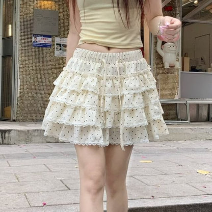 High Waist Micro Dotted Tiered Lace Trim Mini A-Line Skirt