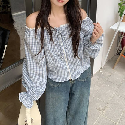 Long Sleeve Round Neck Plaid Lace Trim Tie Front Zip Blouse