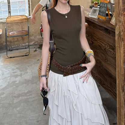 Round Neck Plain Cutout Back Tank Top / High Waist Plain Ruffle Asymmetrical Maxi A-Line Skirt / Studded Belt / Set