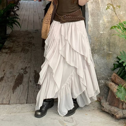 Round Neck Plain Cutout Back Tank Top / High Waist Plain Ruffle Asymmetrical Maxi A-Line Skirt / Studded Belt / Set