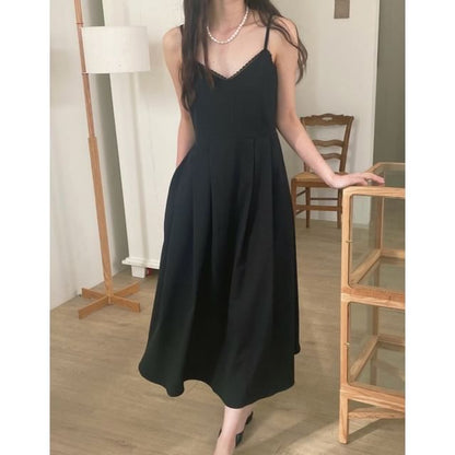Spaghetti Strap V-Neck Plain Lace Trim Pleated Midi A-Line Dress