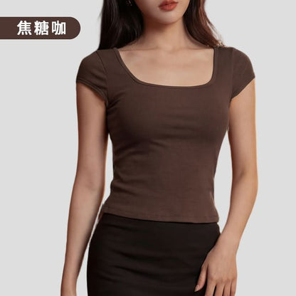 Short-Sleeve Scoop Neck Plain Lace Panel T-Shirt