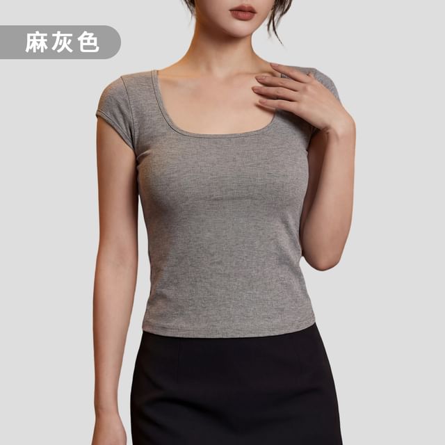 Short-Sleeve Scoop Neck Plain Lace Panel T-Shirt