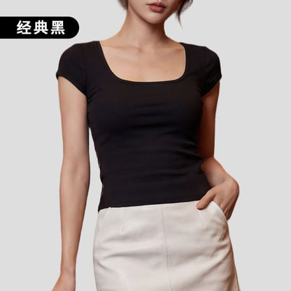 Short-Sleeve Scoop Neck Plain Lace Panel T-Shirt