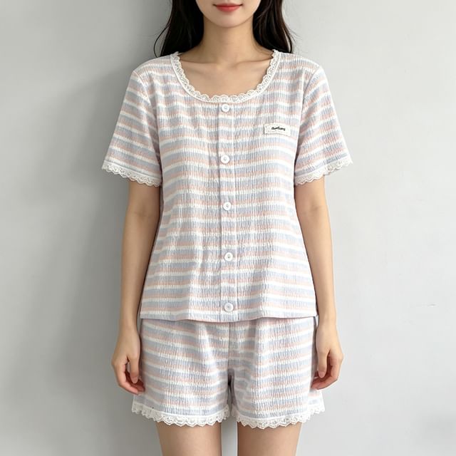 Pajama Set: Short Sleeve Scoop Neck Striped Lace Trim Button Padded Top + Elastic Waist Shorts