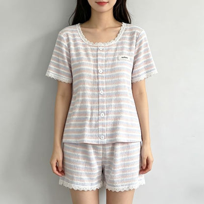 Pajama Set: Short Sleeve Scoop Neck Striped Lace Trim Button Padded Top + Elastic Waist Shorts