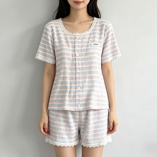Pajama Set: Short Sleeve Scoop Neck Striped Lace Trim Button Padded Top + Elastic Waist Shorts