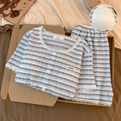 Pajama Set: Short Sleeve Scoop Neck Striped Lace Trim Button Padded Top + Elastic Waist Shorts