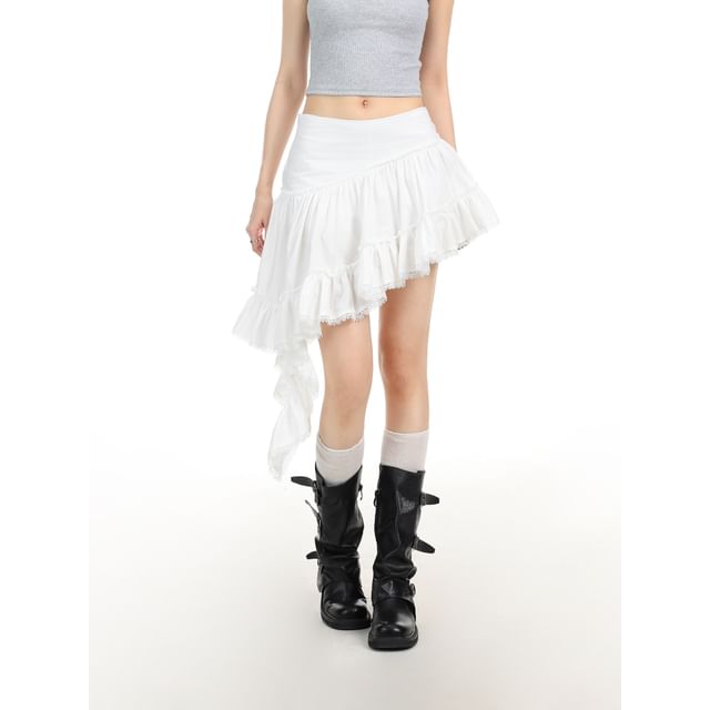 Mid Rise Plain Asymmetrical Ruffle Lace Trim Mini A-Line Skirt