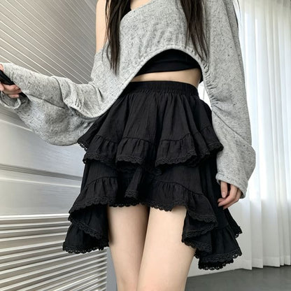 Elastic Waist Plain Lace Trim Mini A-Line Skirt