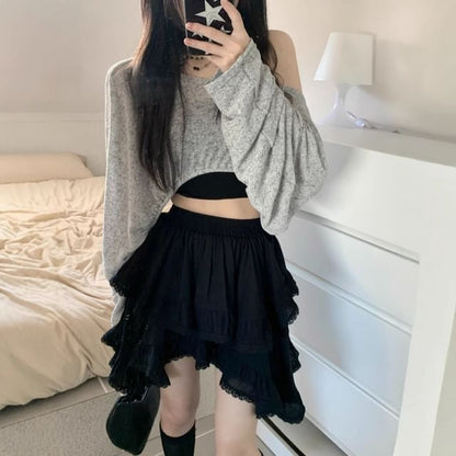 Elastic Waist Plain Lace Trim Mini A-Line Skirt