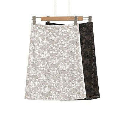 High Waist Lace Overlay Midi Pencil Skirt