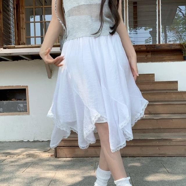 High Waist Plain Asymmetrical Lace Trim A-Line Skirt