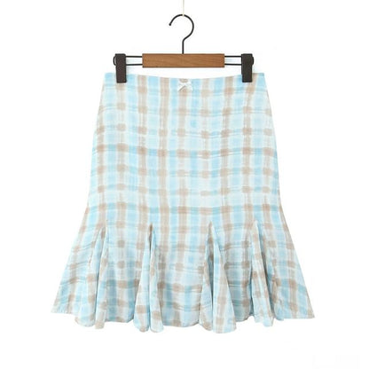 V-Neck Plaid Lace Trim Tie Back Crop Camisole Top / Low Rise Mermaid Skirt