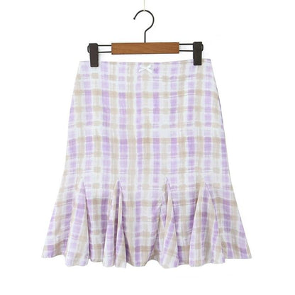 V-Neck Plaid Lace Trim Tie Back Crop Camisole Top / Low Rise Mermaid Skirt