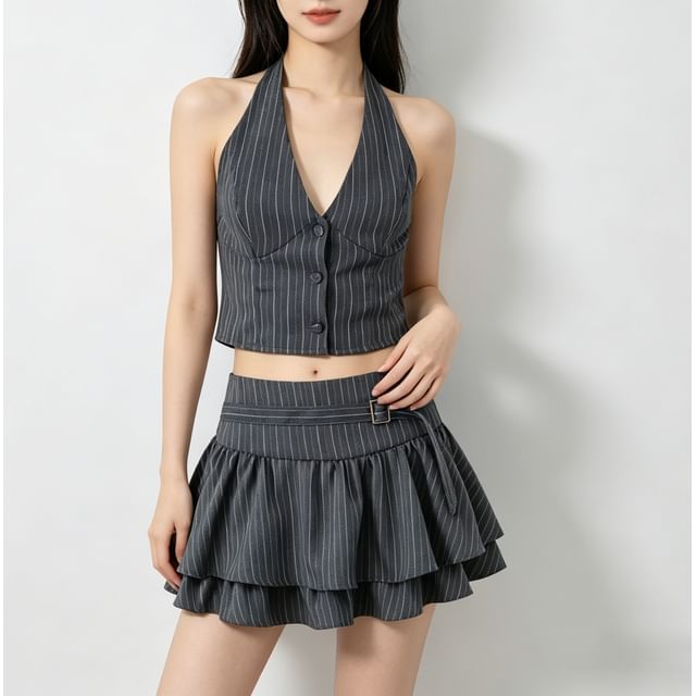 Halter V-Neck Pinstriped Button-Up Open Back Crop Vest / Mid Rise Layered Mini A-Line Skirt