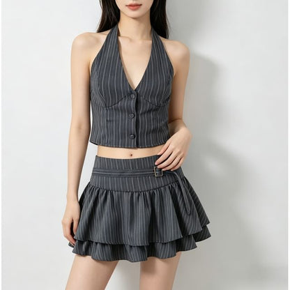 Halter V-Neck Pinstriped Button-Up Open Back Crop Vest / Mid Rise Layered Mini A-Line Skirt