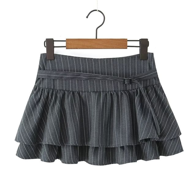 Halter V-Neck Pinstriped Button-Up Open Back Crop Vest / Mid Rise Layered Mini A-Line Skirt