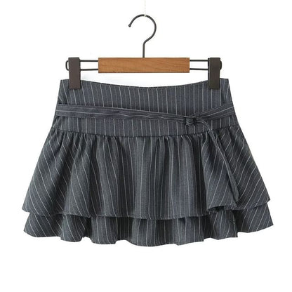 Halter V-Neck Pinstriped Button-Up Open Back Crop Vest / Mid Rise Layered Mini A-Line Skirt
